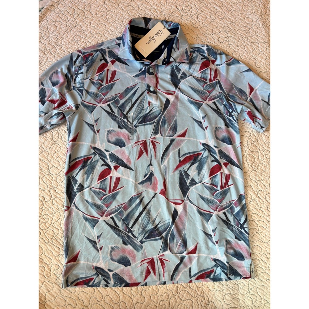 Walter Hagen Mens Bird of Paradise Floral Golf Polo Shirt Blue Red Small